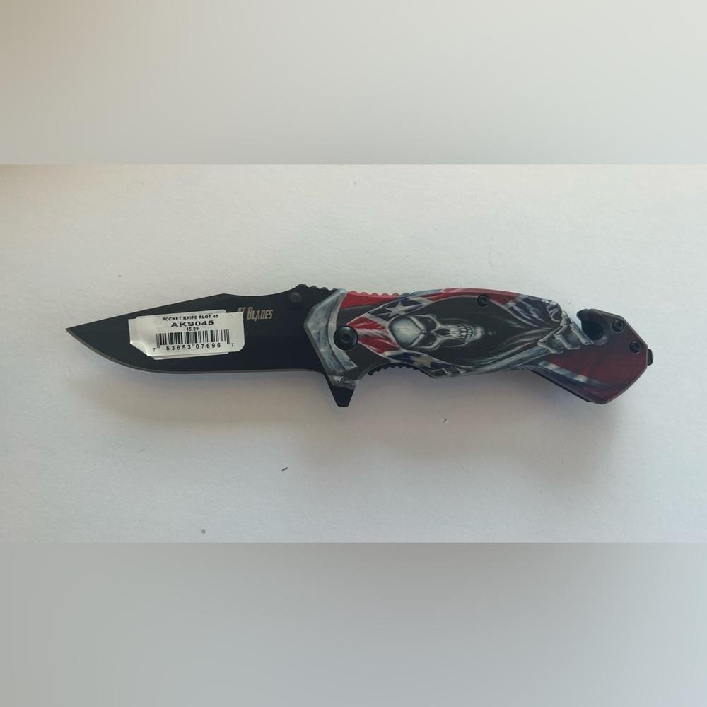Skull Graphic Folding Pocket Knife in Black and Red 3.5” blade
